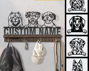 Personalized Peeking Dog Wooden Key & Mail Holder: Wall Organizer