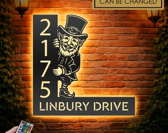 Personalized Peeking leprechaun LED Address Sign - Custom Metal House Number Plaque