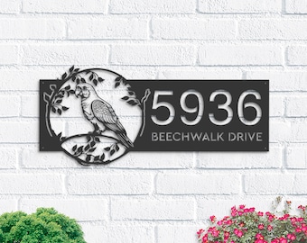 Personalized Parrot Metal Address Sign, Hanging Address Plaque, Garden Stake