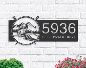 Personalized Skiing Ski winter sport Metal Address Sign House Number, Hanging Address Plaque | Yard Sign, Outdoor Sign| Garden Stake