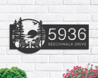 Personalized Sunset Scene Metal Address Sign House number Hanging Address Plaque Yard Sign, Outdoor Sign Garden Stake