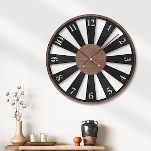 Mid Century Modern Wooden Wall Clock Large Numbers Minimalist Rustic Black Metal Wood Living Room Home Decor Farmhouse Retro Gift