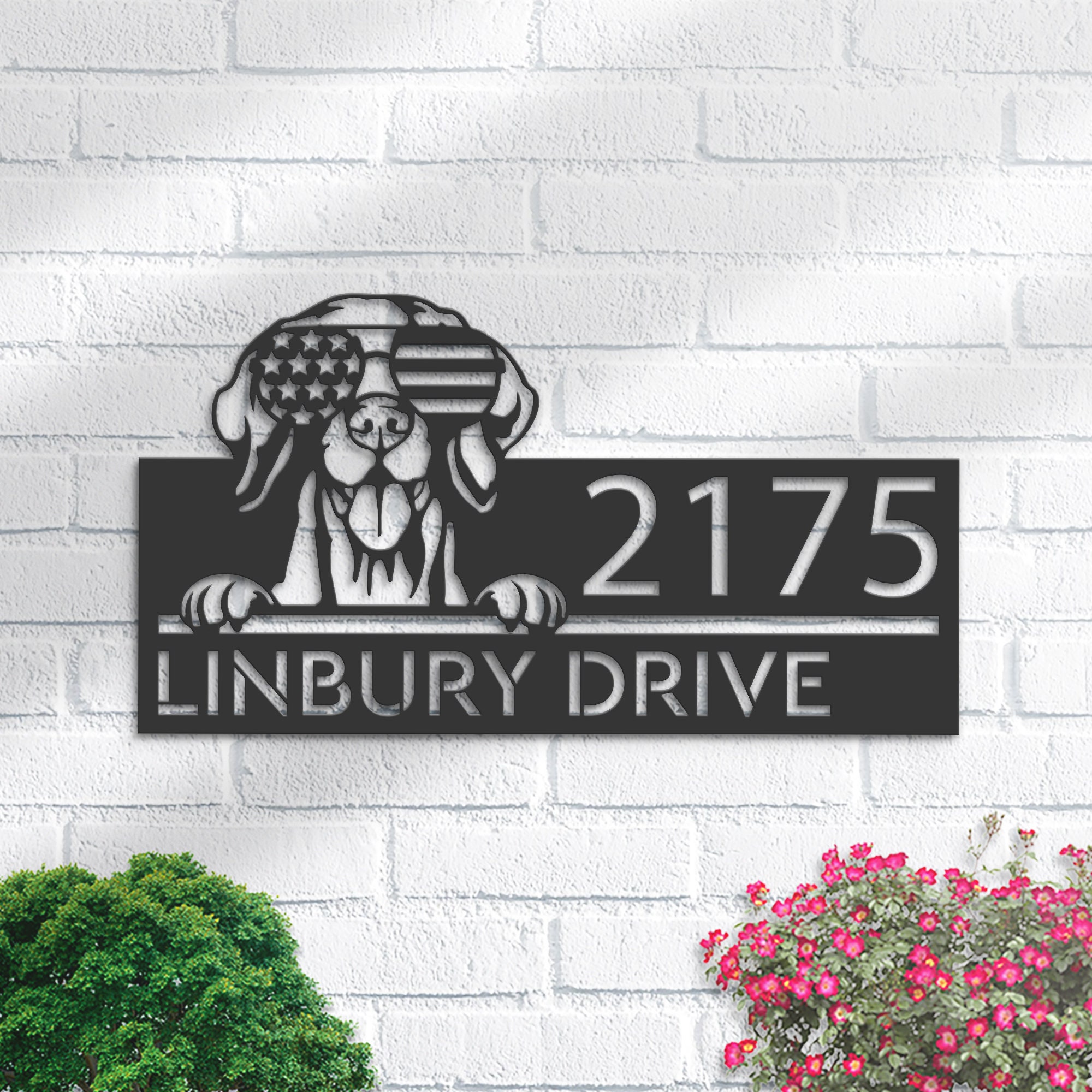 Personalized Vizsla dog US flag glasses Metal Address Sign House number Hanging Address Plaque Yard Sign Outdoor decor Garden Stake