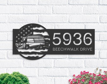 Personalized Harvester US Flag Metal Address Sign, Custom House Number