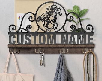 Personalized Horseback Rider Wooden Key & Mail Holder: Wall Organizer