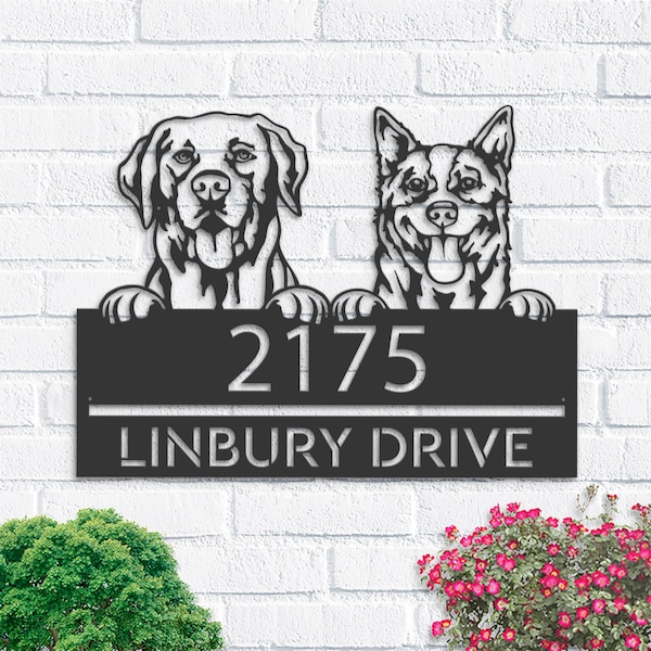 Personalized Red heeler and labrador dogs, puppy Metal Address Sign House number Hanging Address Plaque Yard Sign Outdoor decor Garden Stake