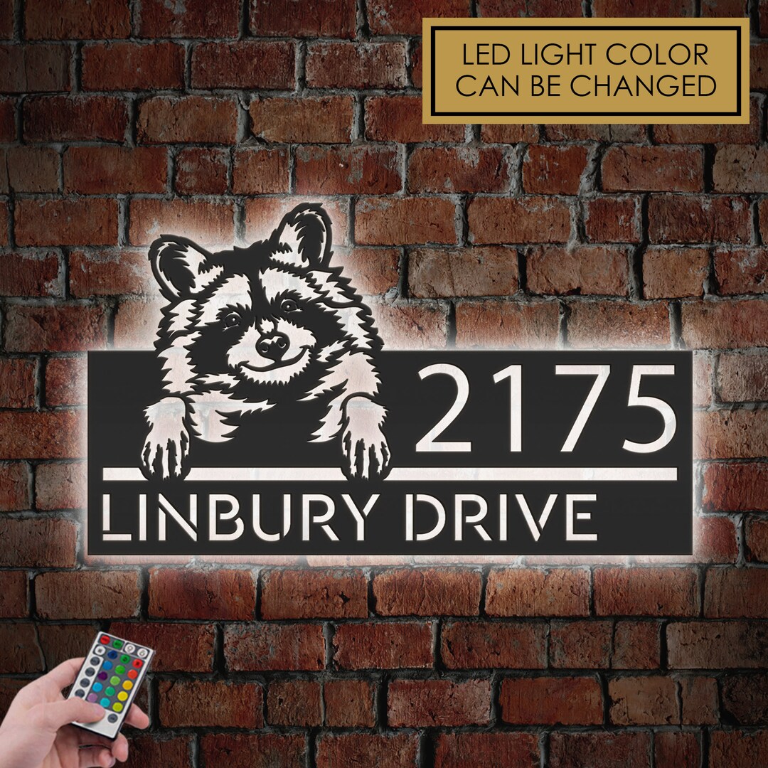 Personalized Peeking Raccoon Metal Address Sign With LED Lights House ...
