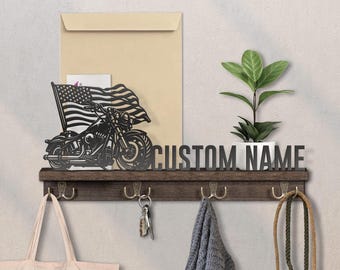 Personalized Motorcycle with US Flag Wood Key Holder, Mail Sorter with 4 Double Hooks