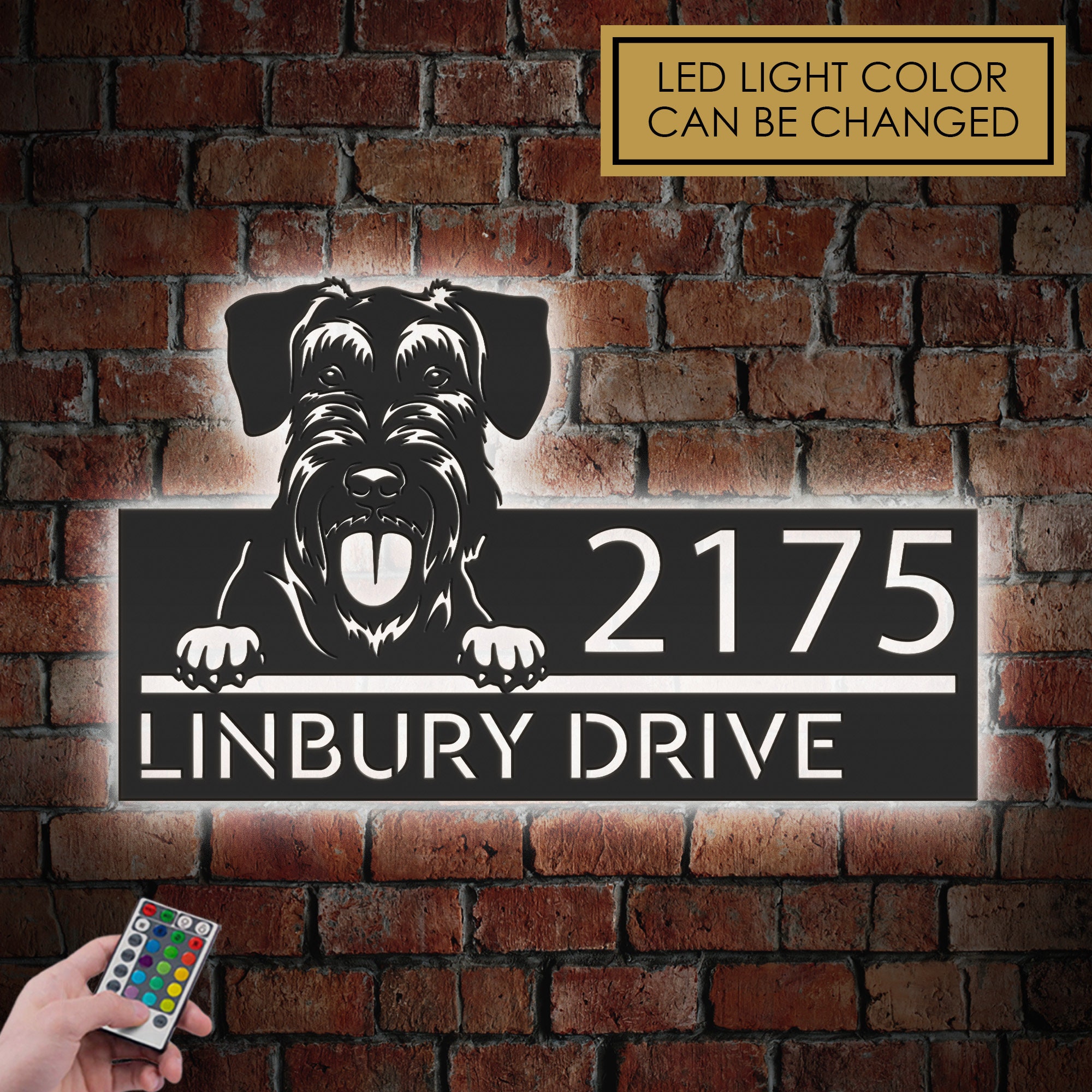 Personalized peeking Giant Schnauzer dog, cute puppy Metal Address Sign With LED lights House number Hanging Address Plaque