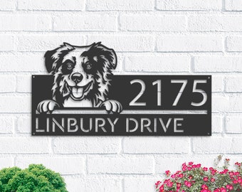 Personalized Australian Shepherd dog, cute puppy Metal Address Sign House number Hanging Address Plaque Yard Sign Outdoor decor Garden Stake