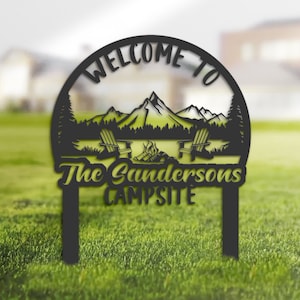 Personalized Welcome to our campsite Wild natural landscape custom name camper&#39;s sign, sign with stakes outdoor adventure travel family sign