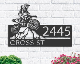 Personalized Dirtbike Motocross rider Mountain climbing Metal Address Sign | Hanging Address Plaque | Yard Sign, Outdoor Sign | Garden Stake