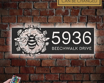 Personalized Floral bee Metal Address Sign With LED lights House number Hanging Address Plaque