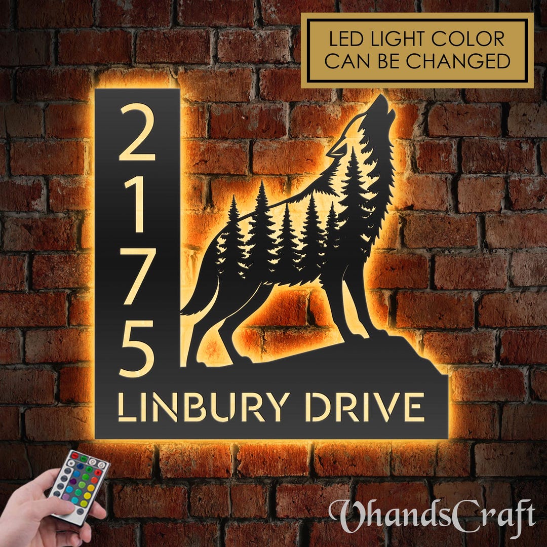 Wolf Sign How Personalized Howling Wolf Address Sign With LED Lights - Custom Metal ...