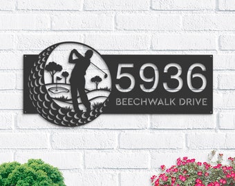 Personalized Golfer Golf Club Metal Address Sign House Number, Hanging Address Plaque | Yard Sign, Outdoor Sign| Garden Stake