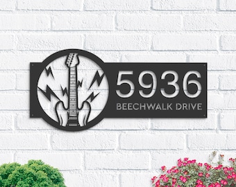 Personalized Guitar Metal Address Sign, Custom House Number Plaque