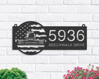 Personalized Combine Harvester Address Sign, US Flag Metal Plaque