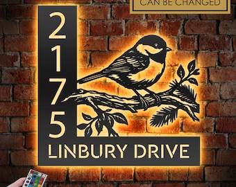 Personalized Chickadee Bird LED Address Sign - Custom Metal House Number Plaque