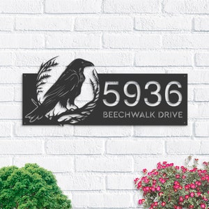 Personalized Crow Raven Metal Address Sign House Number, Hanging Address Plaque | Yard Sign, Outdoor Sign| Garden Stake