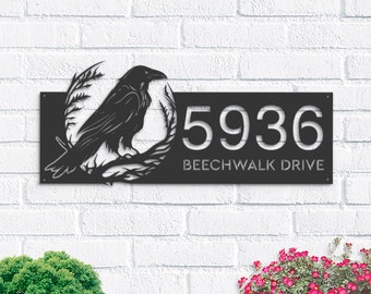 Personalized Crow Raven Metal Address Sign House Number, Hanging Address Plaque | Yard Sign, Outdoor Sign| Garden Stake