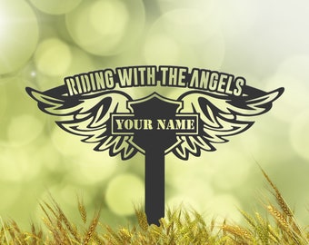 Personalized Riding With The Angels Motorcycle Biker Memorial Stake, Metal Stake, Sympathy Sign, Grave Marker, Remembrance Stake