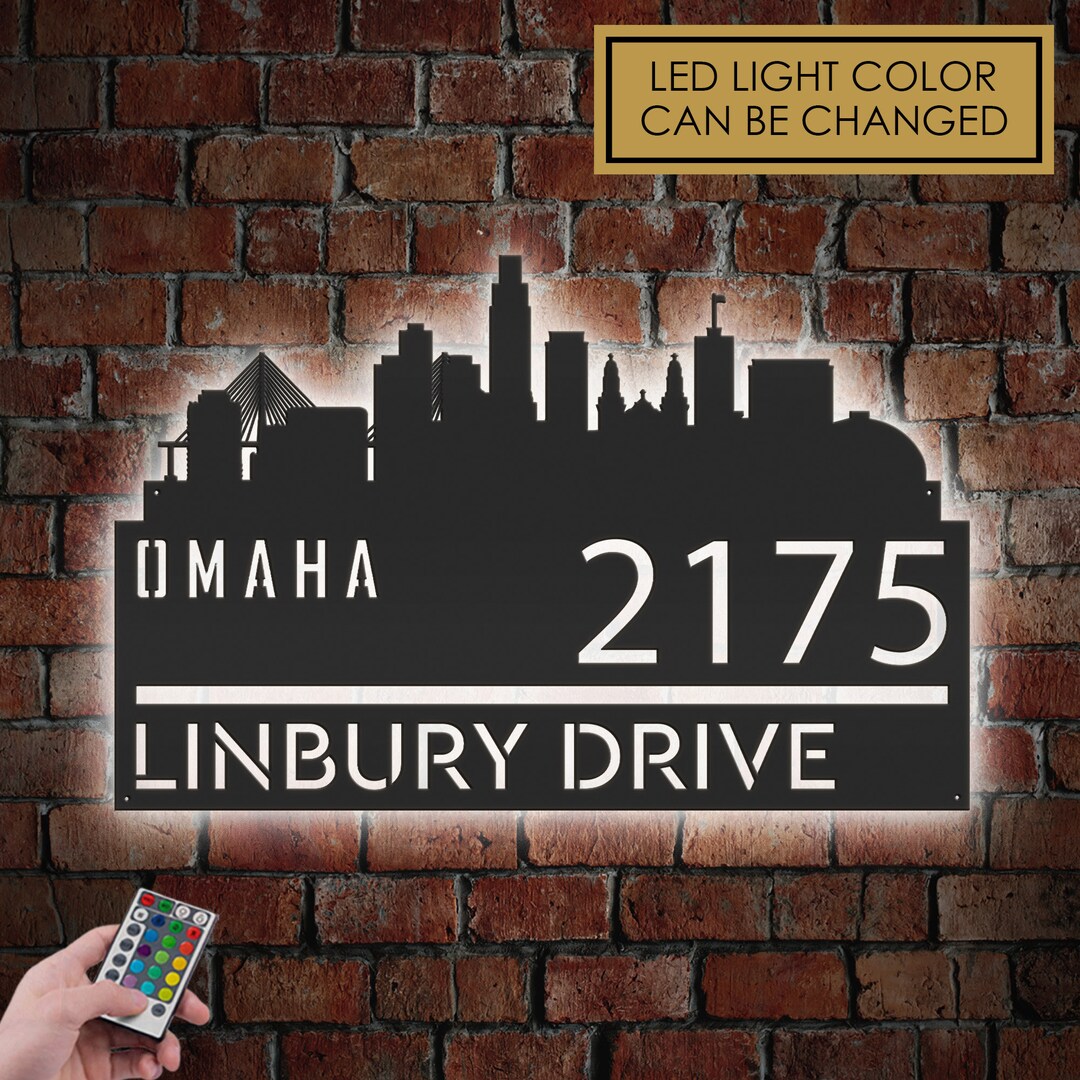 Personalized Omaha City Skyline Metal Address Sign With LED Lights