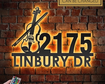 Personalized violin LED Address Sign - Custom Metal House Number Plaque