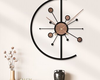 Atomic Mid Century Modern Wooden Silent Wall Clock Starburst Large Minimalist Rustic Black 3D Metal Wood Home Decor Farmhouse Retro Gift