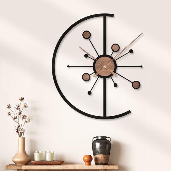 Atomic Mid Century Modern Wooden Silent Wall Clock Starburst Large Minimalist Rustic Black 3D Metal Wood Home Decor Farmhouse Retro Gift