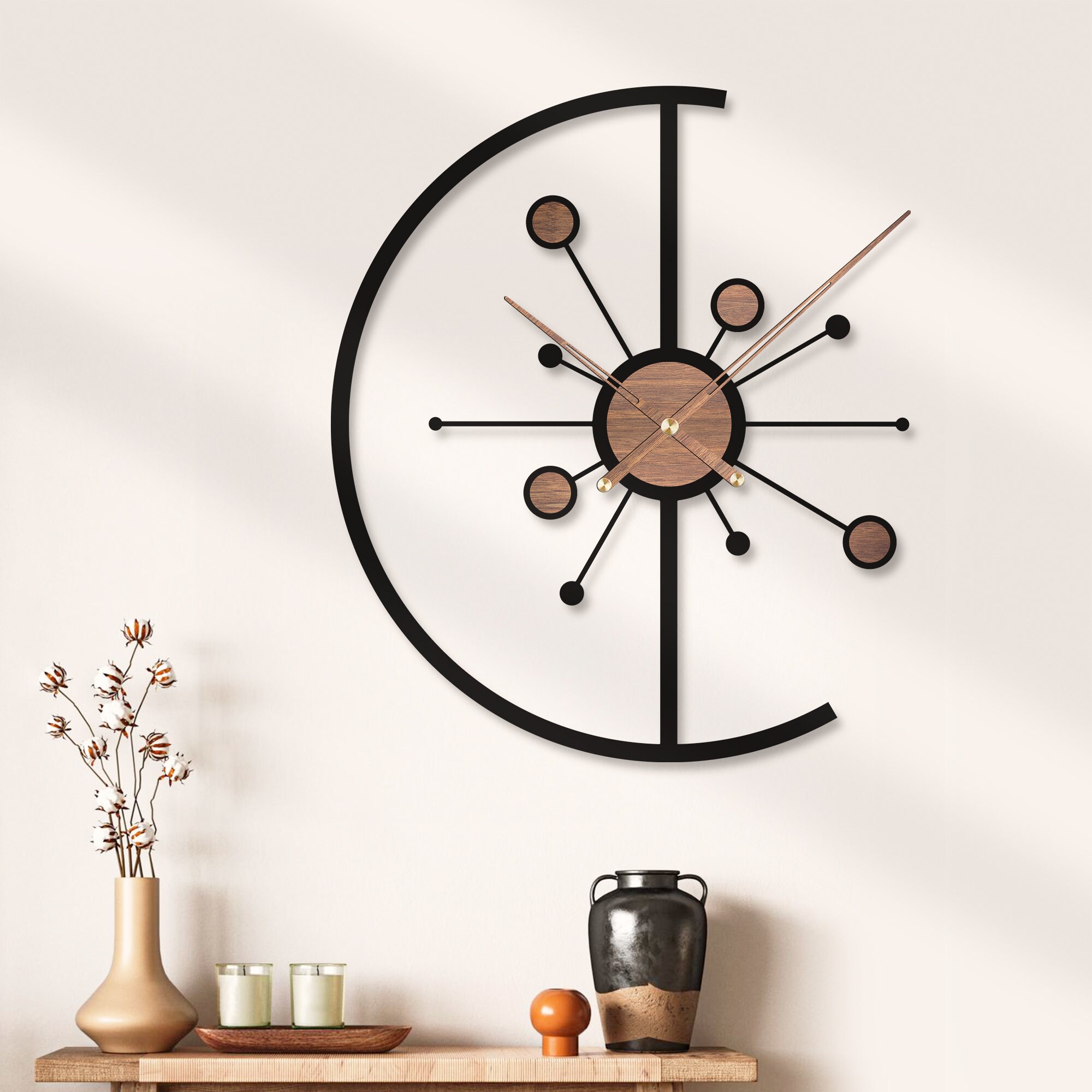 Atomic Mid Century Modern Wooden   Wall Clock Starburst Large Minimalist Rustic Black 3D Metal Wood Home Decor Farmhouse Retro Gift
