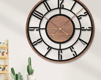 Mid Century Modern Wooden Silent Wall Clock With Latin Numeral Large Minimalist Rustic Black 3D Metal Wood Home Decor Farmhouse Retro Gift