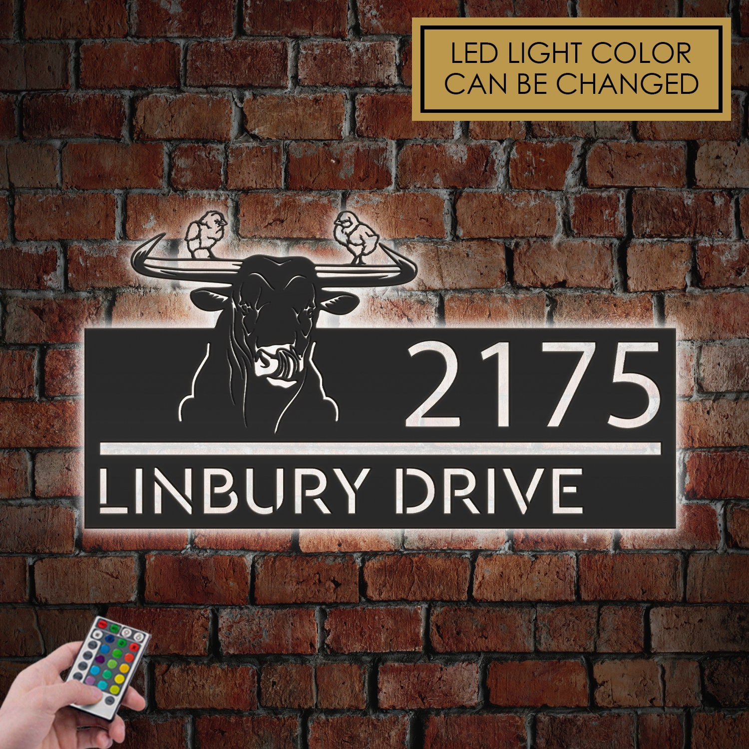 Personalized A bull and two chickens Metal Address Sign With LED lights House number Hanging Address Plaque