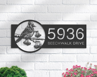 Personalized Blue Jay Metal Address Sign, Custom House Number Plaque