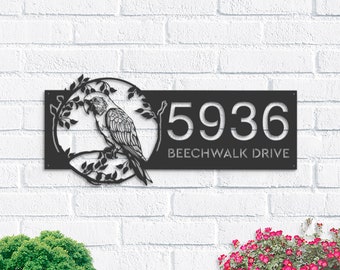 Personalized Parrot Address Sign, Metal House Number Plaque, Garden Stake