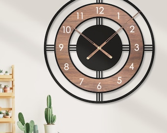 Väggklocka i trä, modern stil, stort minimalistiskt nummer