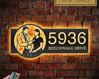 Personalized Doctor Metal Address Sign with LED Lights - House Number Plaque