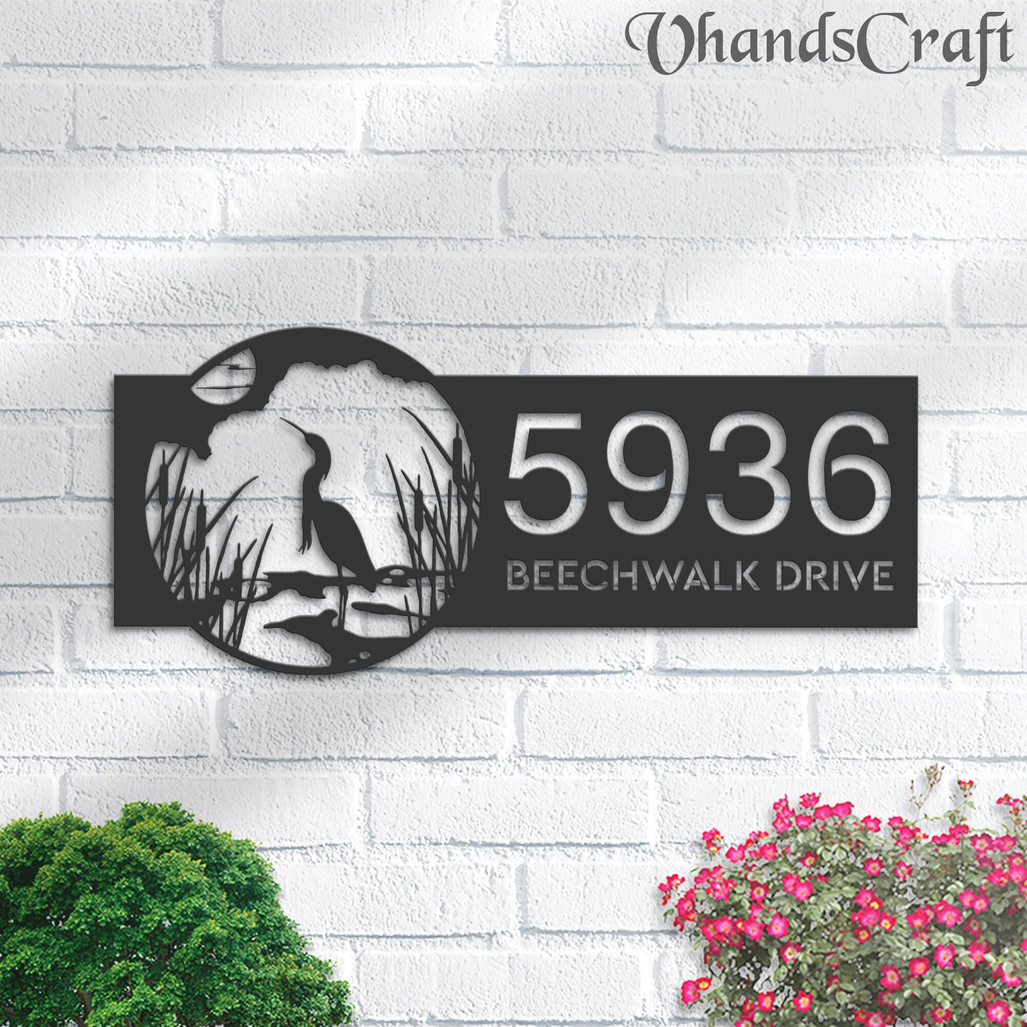 Personalized Heron on Lake Metal Address Sign Custom House number Hanging Address Plaque Yard Sign, Outdoor Garden Stake