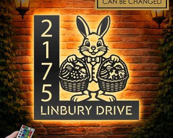 Personalized Easter Bunny LED Address Sign - Custom Metal House Number Plaque