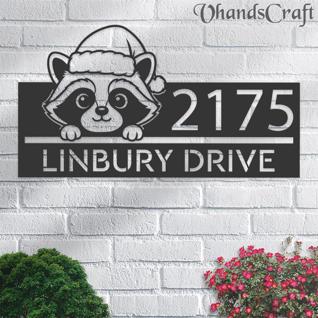 Personalized Raccoon Metal Address Sign, Christmas Hat, Custom House ...