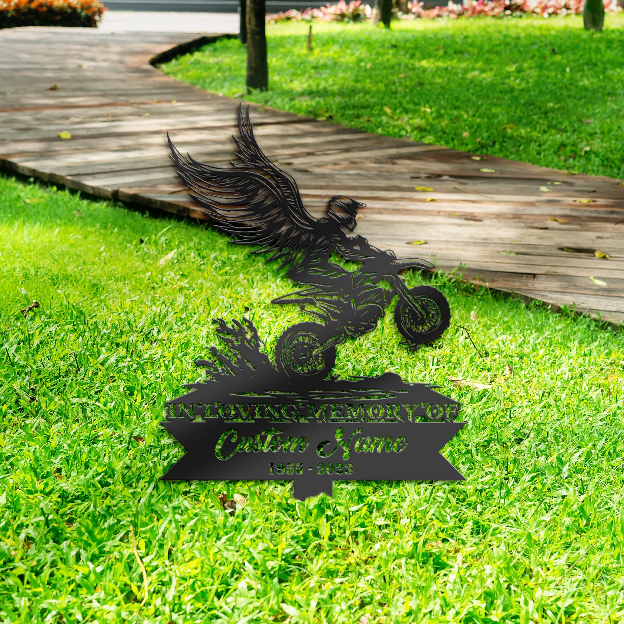 thumbnail image 2 of Motorcycle With Wings Metal Memorial Stake Custom Personalized Dirtbike Biker Grave Marker Name 2 of 10