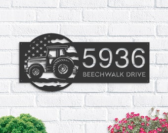 Personalized Metal Address Sign: Farm Tractor & US Flag, Custom House Number