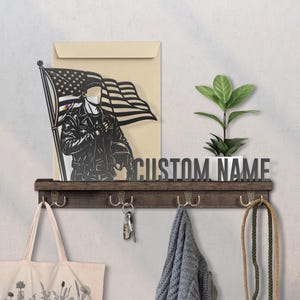 Personalized Biker under US flag Key Holder, Wood Wall Organizer with Mail Sorter