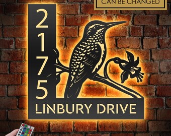 Personalized Hummingbird LED Address Sign - Custom Metal House Number Plaque