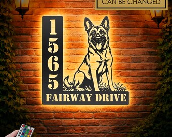 Personalized Belgian Malinois Dog Address Sign – Custom Metal Plaque with LED Lights