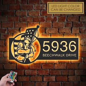 Personalized American soldier holding US flag Metal Address Sign With LED lights House number Hanging Address Plaque