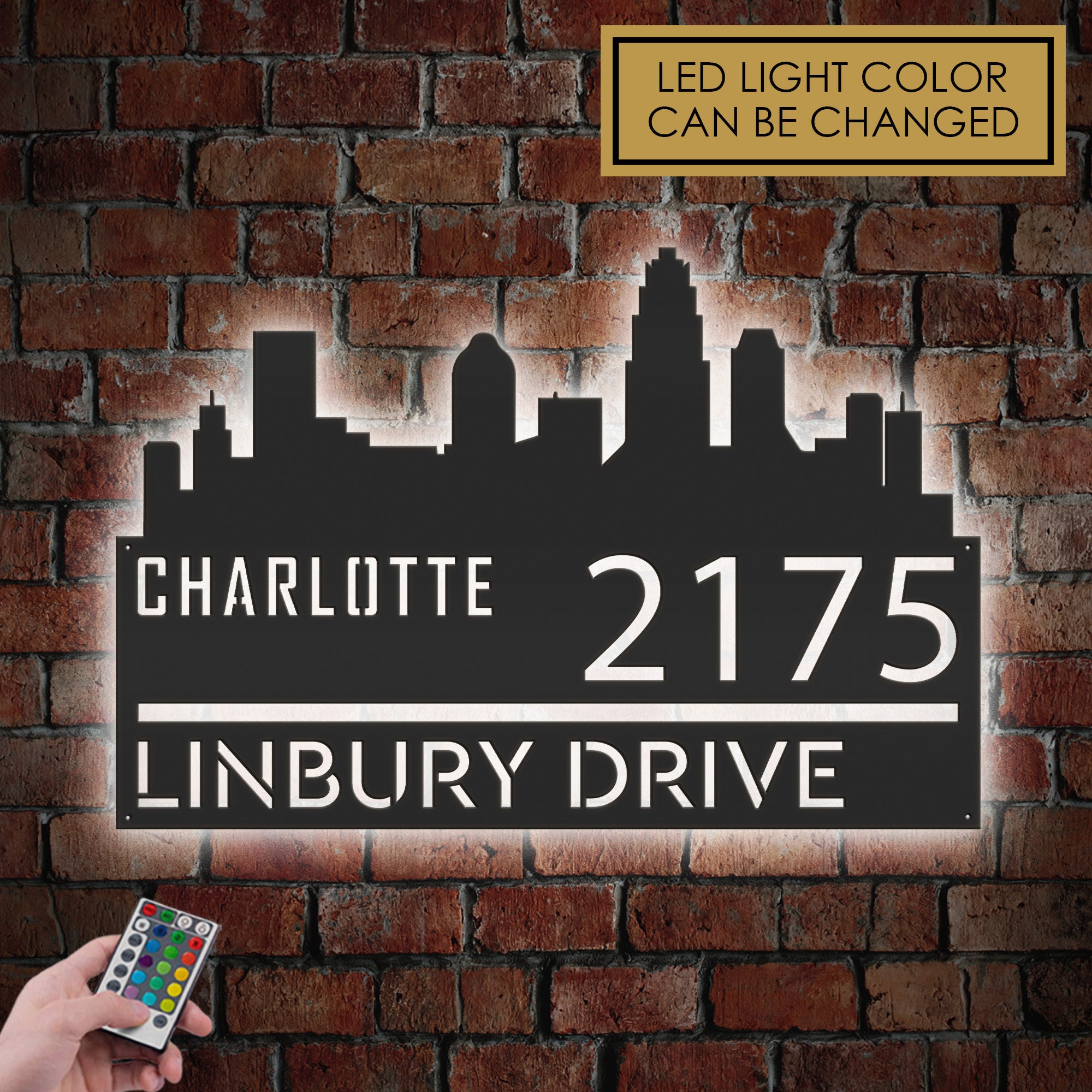 Personalized Charlotte Skyline Metal Address Sign with LED Lights