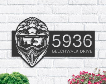 Personalized Helmet motocross biker Metal Address Sign House number Hanging Address Plaque Yard Sign Outdoor Sign Garden Stake