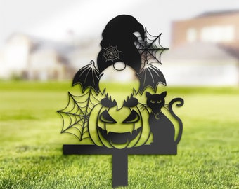 Halloween Gnome Metal Yard Stake, Bat Wings, Black Cat, Pumpkin Decor