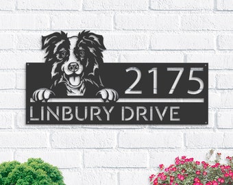 Personalized Border Collie dog, cute puppy Metal Address Sign House number Hanging Address Plaque Yard Sign Outdoor decor Garden Stake
