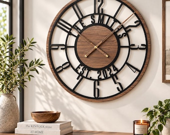 Personalized Family Name Wall Clock - Large Custom Wood and Metal Clock - Modern Farmhouse Est Sign - Unique Wedding & Housewarming Gift